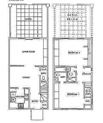 Floor plan for 2 beds, 2.5 baths, 1054 sqft